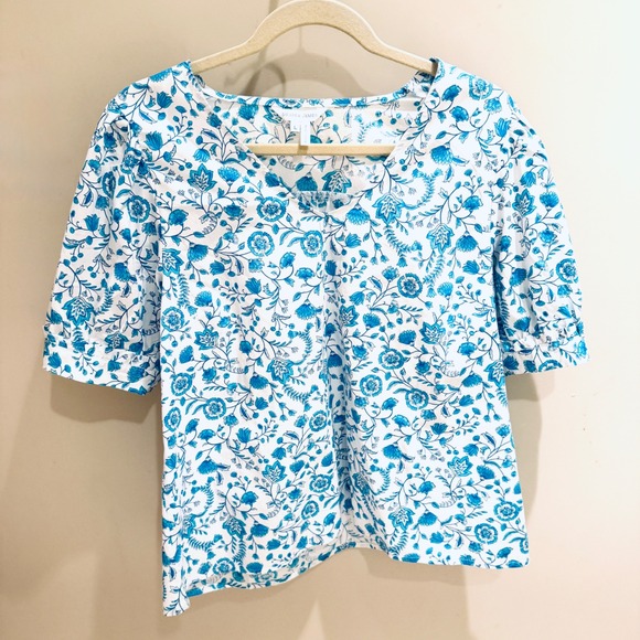 Draper James Floral Print Top Blue White Short Sleeve Blouse‎ Size L - Picture 1 of 6